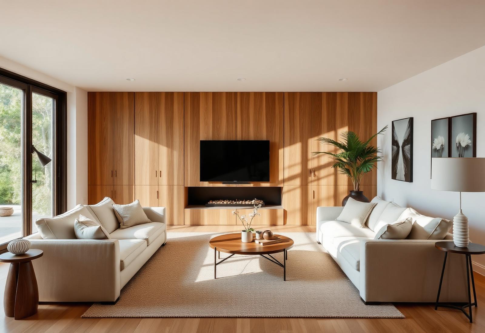 Warm modern living room with custom sofas and wood interior finishing