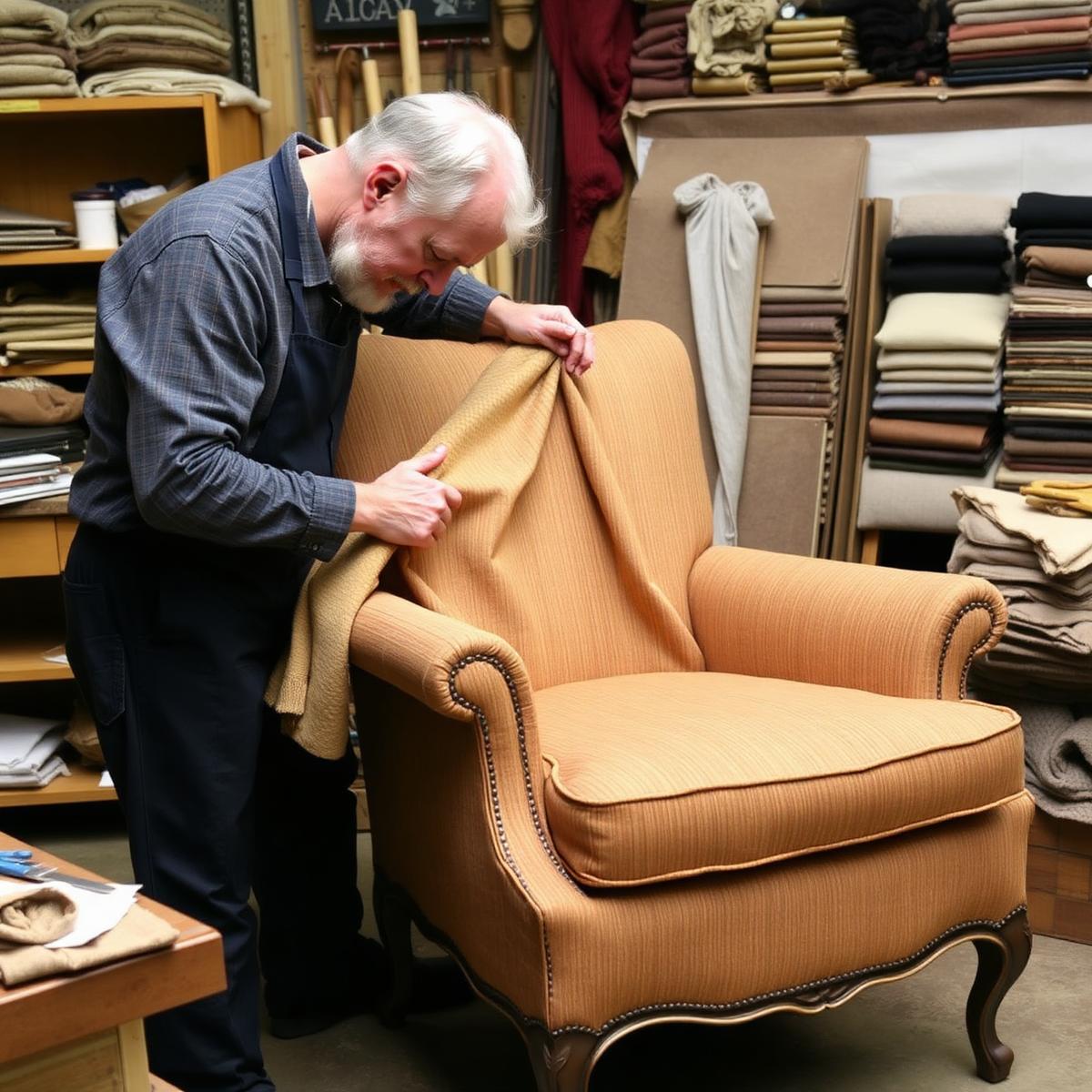 Craftsman reupholstering an armchair with new fabric