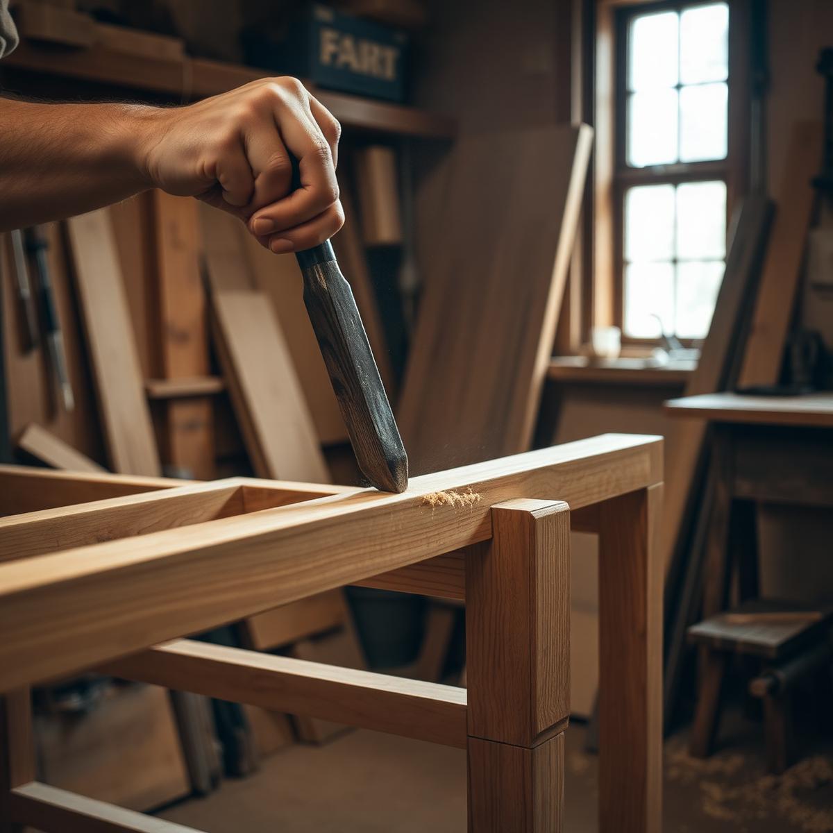 Woodworker shaping a solid timber furniture frame